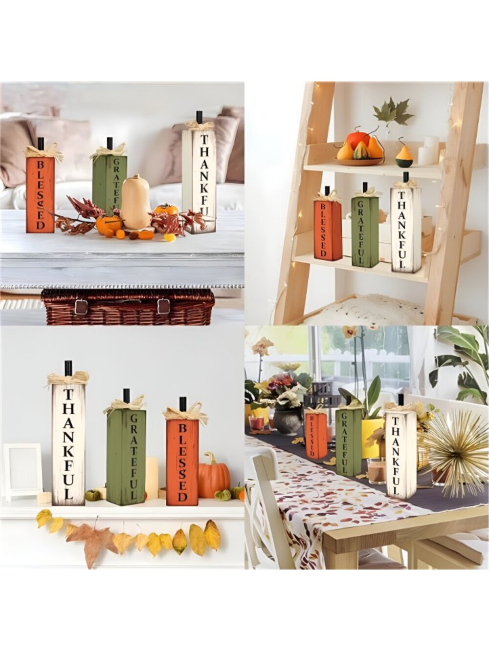 Thankful Blessed Grateful Tabletop Signs Thanksgiving Wooden Block Signs - Picture 7 of 8
